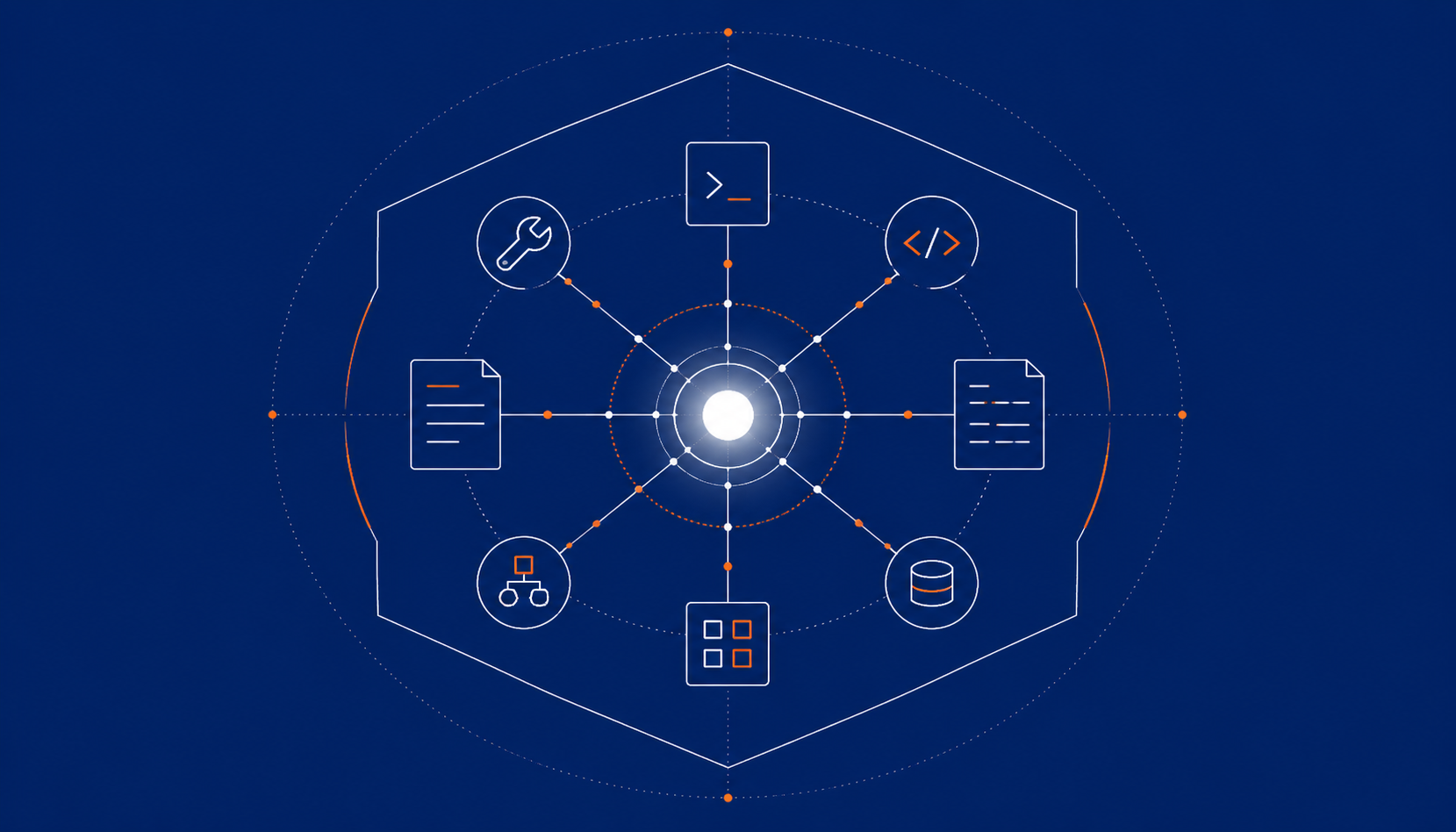 Schematic illustration of a glowing core surrounded by a ring of developer-tool icons (terminal, wrench, code brackets, database, files) inside a hexagonal frame on a navy background.